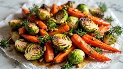 Carrots and Brussels sprouts in maple glaze. Roasted Brussels sprouts and carrots, drizzled with maple syrup and sprinkled with pine nuts.