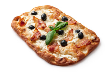 Pinsa romana con guanciale croccante, mozzarella e olive nere, cibo italiano 