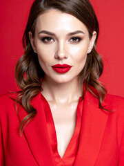 Attractive sexy woman dressed in a red suit with red lipstick, radiating sophistication and charm. Red background.
