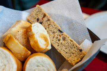 Slices of breads on basket in restaurant Ushuaia Argentina