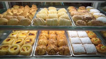 Delicious pastries and baked goods displayed in a glass bakery cabinet