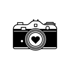 Vector camera icon with a heart-shaped lens and detailed line work, perfect for personal branding or creative portfolios.

