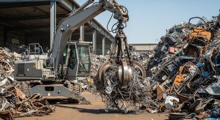 Industrial recycling center with excavator handling scrap metal for environmental sustainability