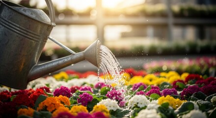 Vibrant garden flowers being watered at sunset for spring gardening inspiration