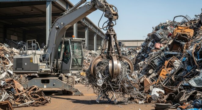 Industrial recycling center with excavator handling scrap metal for environmental sustainability - Powered by Adobe