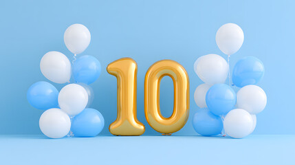 Golden Number 10 with Balloons Celebration Design
