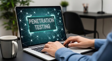 Person using laptop with penetration testing displayed on screen for cybersecurity.