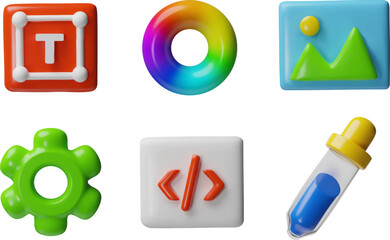 3D ui, ux user software and app interface vector set, gear, color wheel and pipette, text box, nature picture block