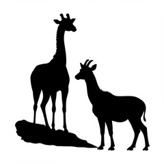 Silhouette of a giraffe standing on a rock with a smaller antelope on a white background scene art