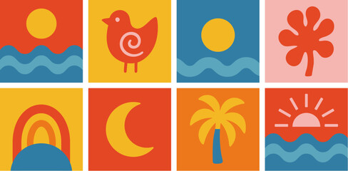 Fototapeta premium Colorful minimalist nature icons with sun, moon, and palm tree - A vibrant set of flat design summer icons, featuring sun, waves, and tropical elements, for travel and holiday themes