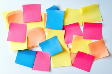 A bunch of colorful sticky notes are scattered on a white background.  , isolated on white background.