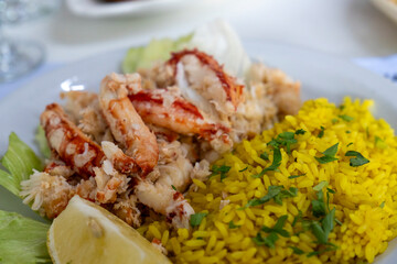 Patagonian crab served with rice at a restaurant in Ushuaia, Argentina.