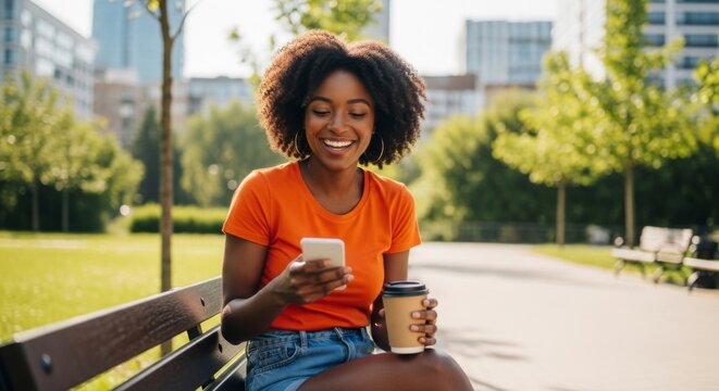 Young woman enjoying a sunny day in the park with coffee and smartphone