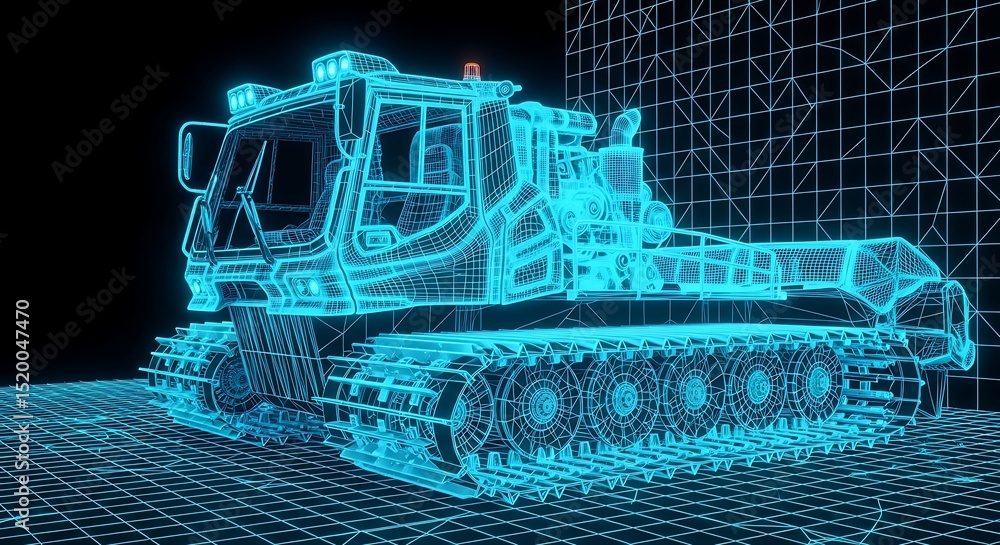 Poster a digital rendering of a heavy machine in neon blue lines against a black backdrop depicting an abst