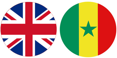Obraz premium United Kingdom Official flag with Senegal national flag, both countries flags Round shape and isolated on white background, Circular colorful design Flag with together. Senegalese
