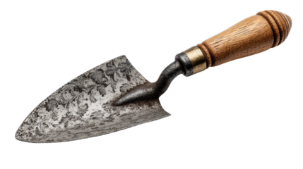 Hand Trowel: A close-up shot of a brand new hand trowel with a wooden handle, showing its rugged beauty, ideal for gardening and landscaping.