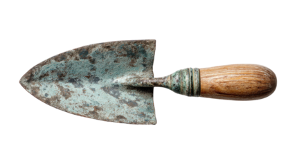 Vintage Garden Trowel: A well-worn, vintage garden trowel with a wooden handle and a patina of age rests against a clean backdrop.  The tool shows the character of years of use.