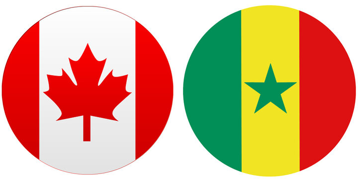 Canada Official flag with Senegal national flag, both countries flags are in Round shape and isolated on white background, Circular colorful design Flag with together.
Senegalese