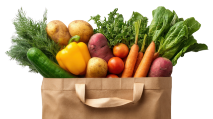 Fresh Harvest: A vibrant assortment of fresh, organically grown produce bursts forth from a rustic paper bag. Witnessing the vivid colors and natural textures of healthy, locally sourced food. 