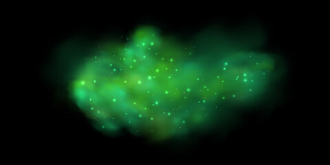 Realistic texture of fantastic smoke background. Green fog with glitter and shimmering glowing particles. Starry neon magic dust. © gala