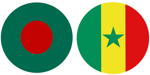 Bangladesh Official flag with Senegal national flag, both countries flags in Round shape and isolated on white background, Circular colorful design Flag with together.
Senegalese