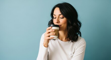 Woman enjoying coffee against blue background for relaxation concept and lifestyle design