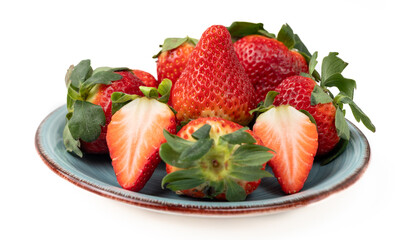 Plate of fresh strawberries on a white background
