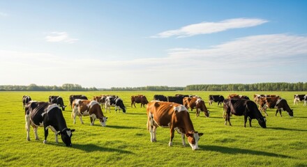 Peaceful pastoral scene of cows grazing in lush green meadow on sunny day