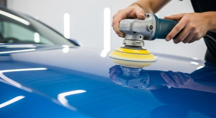 Car detailing process with electric polisher for a glossy finish on blue vehicle
