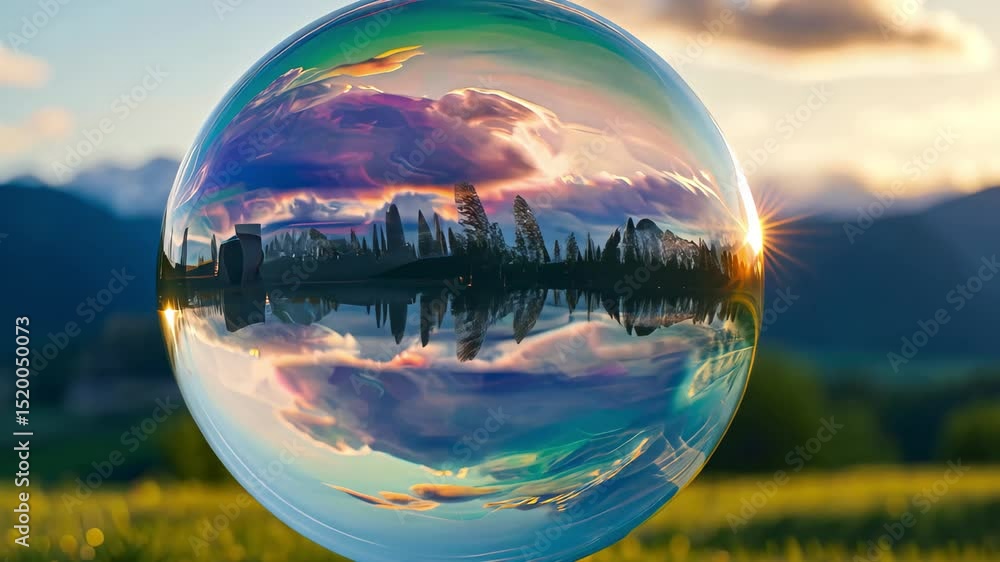 Poster Reflections of nature in a crystal sphere during sunset over a serene landscape surrounded by mountains and trees