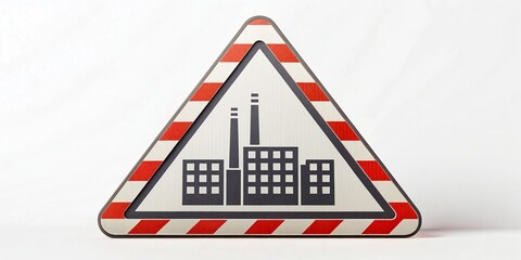 A triangular warning sign with a red and white border and a black factory icon featuring multiple buildings and chimneys on a white background.