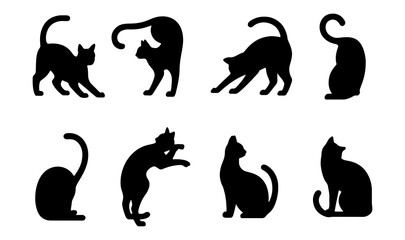 Silhouette illustration showing a variety of poses of black cats on a white background vector art