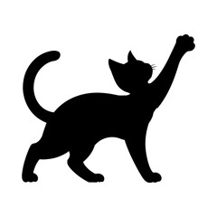 Silhouette of a cat with its paw raised reaching upwards in a playful or curious pose on white background