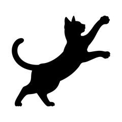 Silhouette of a playful cat reaching up with its paw extended in a dynamic pose against white space