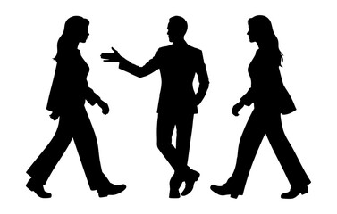 Silhouettes of two women and one man walking in business attire with one gesturing his hand out 100