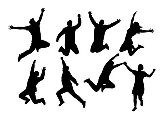 Silhouette illustration of a group of people jumping with their arms raised in a celebratory manner