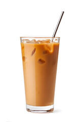 Glass of Refreshing Iced Coffee with Straw Isolated on White Backdrop