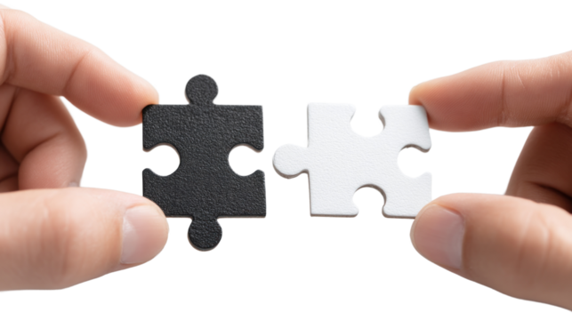 Unity Puzzle: A compelling image of two hands, one holding a black puzzle piece, and the other holding a white puzzle piece, symbolizing unity and the strength found in connection