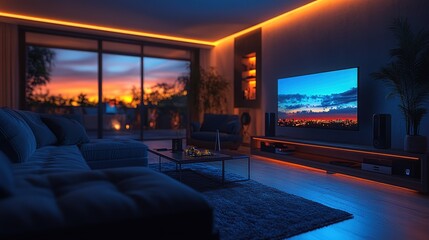 Modern living room at night with sunset view