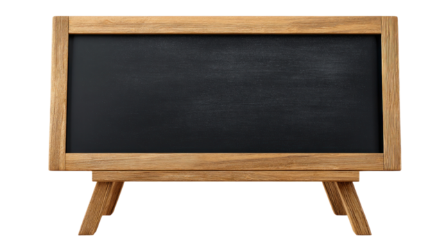 Blank Slate: A classic wooden chalkboard, poised on a stand, presents a pristine black surface, ready for ideas and concepts. This educational and informative imagery symbolizes potential.