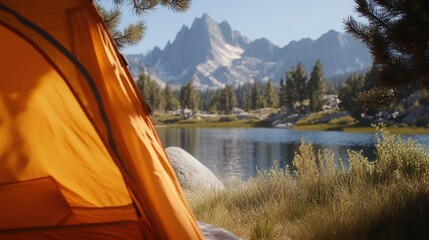 Orange tent by a calm mountain lake