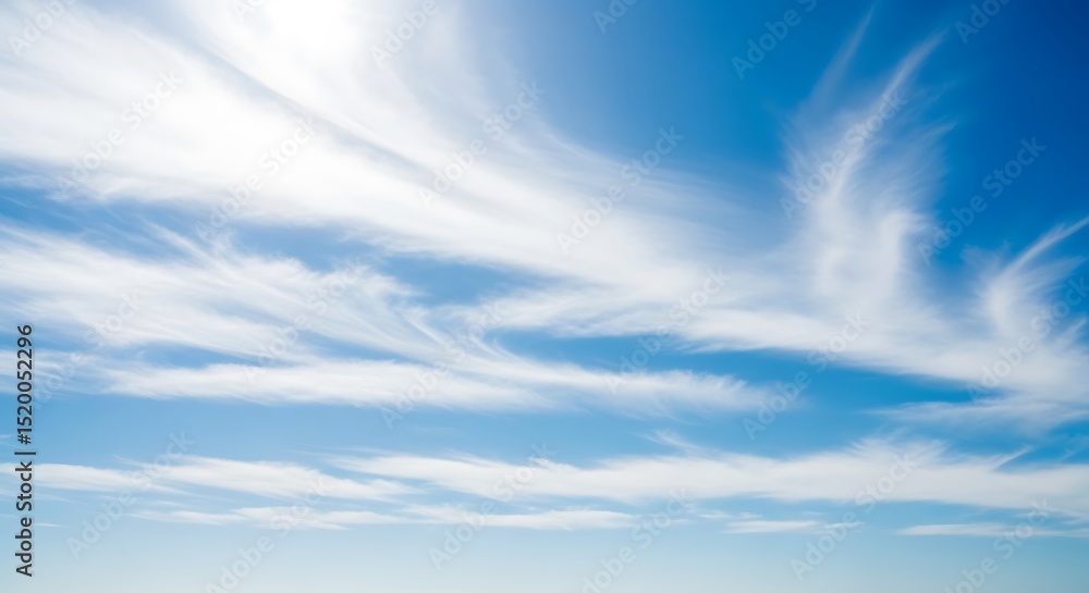Poster vibrant blue sky with wispy white clouds forming a dynamic pattern. sunlight illuminates the atmosph