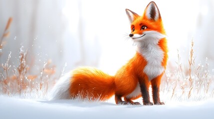 Fototapeta premium Curious orange fox standing in a winter landscape
