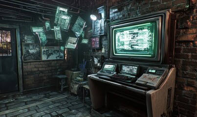 Retro computer terminal in a dark, brick basement room; papers float in the background; used for cyberpunk or dystopian settings