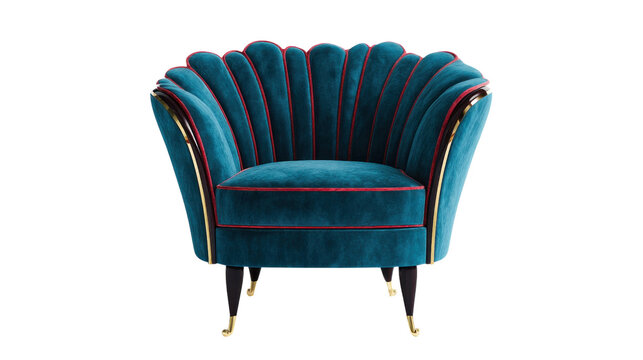 Teal Velvet Scallop Chair: An elegant teal velvet armchair with a unique scallop-shell design, detailed gold accents, and tapered legs.