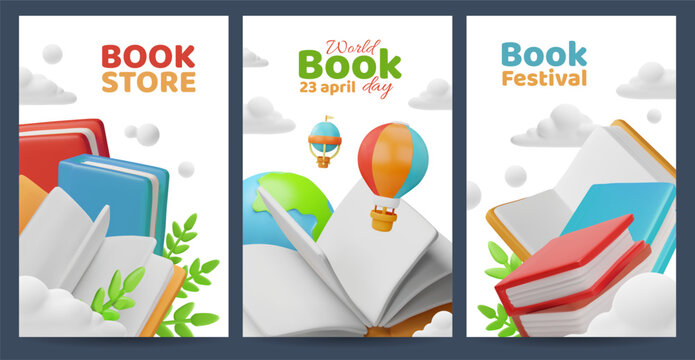 3D set of posters, with books in the clouds, for World Book Day, bookstore, book festival.