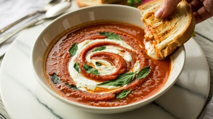 Soup with baked garlic and tomatoes. Ricotta cheese with basil is carefully distributed over the surface.