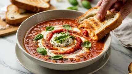 Soup with baked garlic and tomatoes. Ricotta cheese with basil is carefully distributed over the surface.