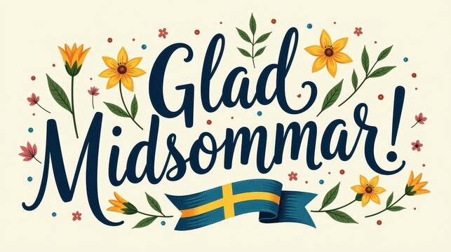 A greeting card for Swedish midsummer celebration, decorative lettering text "Glad Midsommar!" on swedish language