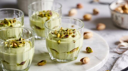 Dessert with pistachio cream is served in small transparent cups, each filled with delicate pistachio cream. The cream is generously sprinkled with finely chopped fried pistachios.
